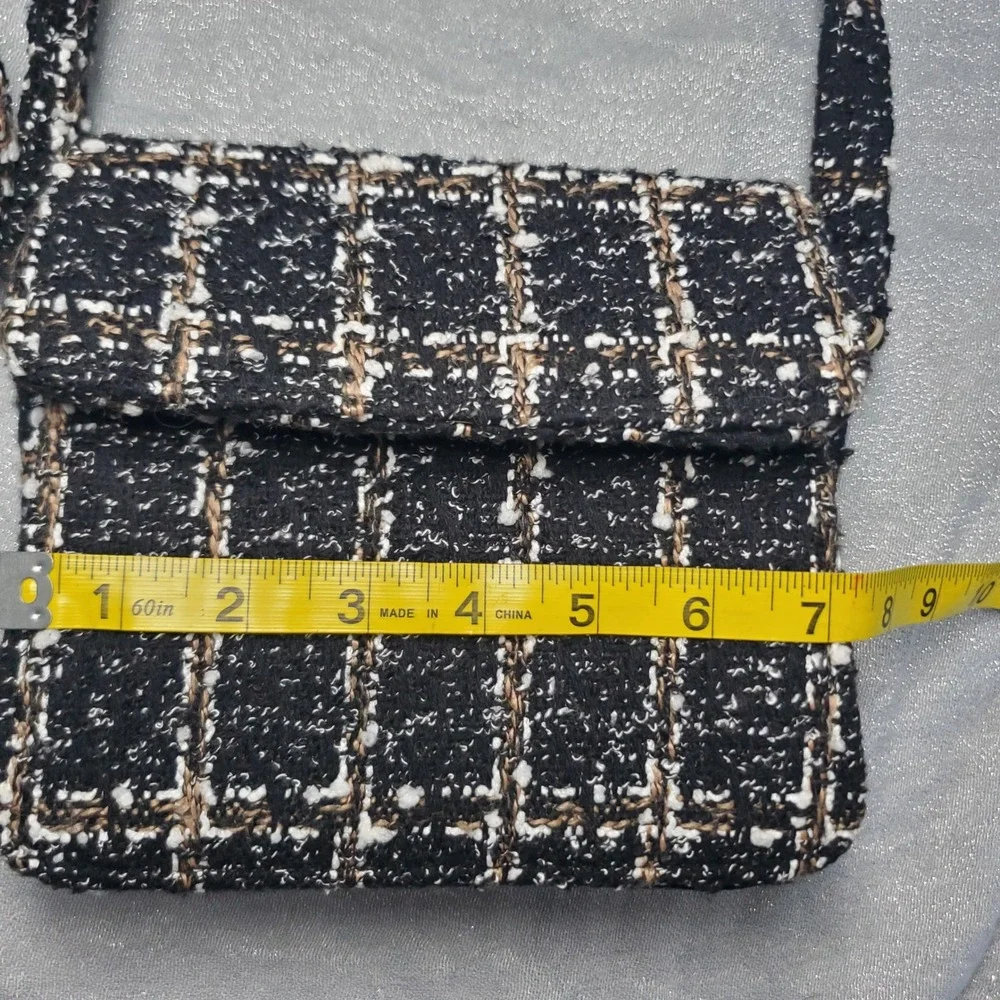 Black White Tan Plaid Tweed Crossbody Flap‎ Shoulder Purse Chic Old Money Woven